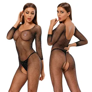 Fishnet seksi iç çamaşırı setleri Rhinestone açık kasık bodylingerie şeffaf toptan kadın iç çamaşırı için özelleştirilmiş-seksi Femm