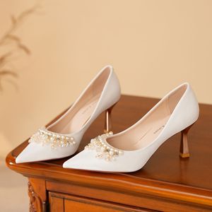 <b>White</b> Satin Pointed Toe <b>Heels</b> With Pearl Bead Decoration High <b>Heel</b> Wedding Party <b>Shoes</b> For Women Elegant Style 7999-1 - Product Image 1