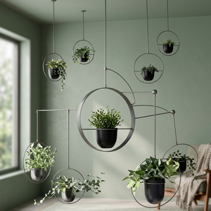 Pot de fleurs suspendu minimaliste moderne avec cadre métallique circulaire, finition noire en poudre, pour intérieur et extérieur - Product Image 2