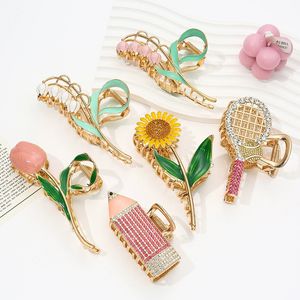 Commercio all'ingrosso grande morsetto per capelli in metallo diamante racchetta per capelli di grandi dimensioni strass scuola matita fiore tulipano artiglio clip per le donne - Product Image 1