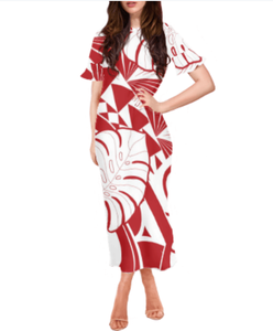 Vestido con estampado de <span class=keywords><strong>tatuaje</strong></span> de Tapa de Samoa Polinesia roja Falda de manga corta con diseño de bambú de hoja extraña <span class=keywords><strong>hawaiana</strong></span> - Product Image 1