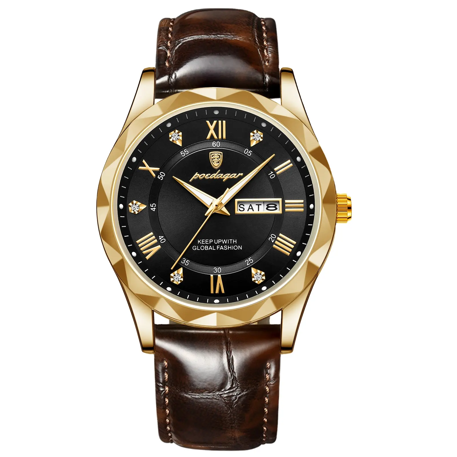Poedagar Luxe Business Man Polshorloge Waterdichte Lichtgevende Date Week Mannen Horloge Voor Mannen Quartz Klok Lederen Horloges P615