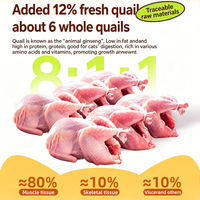 Nourriture pour chats sans céréales, riche en protéines, avec cailles fraîches et os de viande crue lyophilisés, croquettes complètes et équilibrées pour chats.