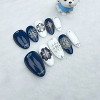 Uñas artificiales Corta almendra estilo floral azul Alta calidad y reutilizable