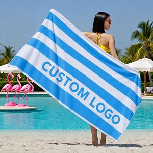 ผ้าเช็ดตัวชายหาดไมโครไฟเบอร์ลายทางสีฟ้า พร้อมโลโก้สั่งทำ - Product Image 1