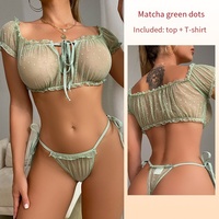 Set Lingerie Seksi Kimi ODM Eropa Amerika Musim Panas Tanpa Tali, Atasan Bandeau, Celana Dalam, Pakaian Tidur Off-shoulder dengan Tali Ikat