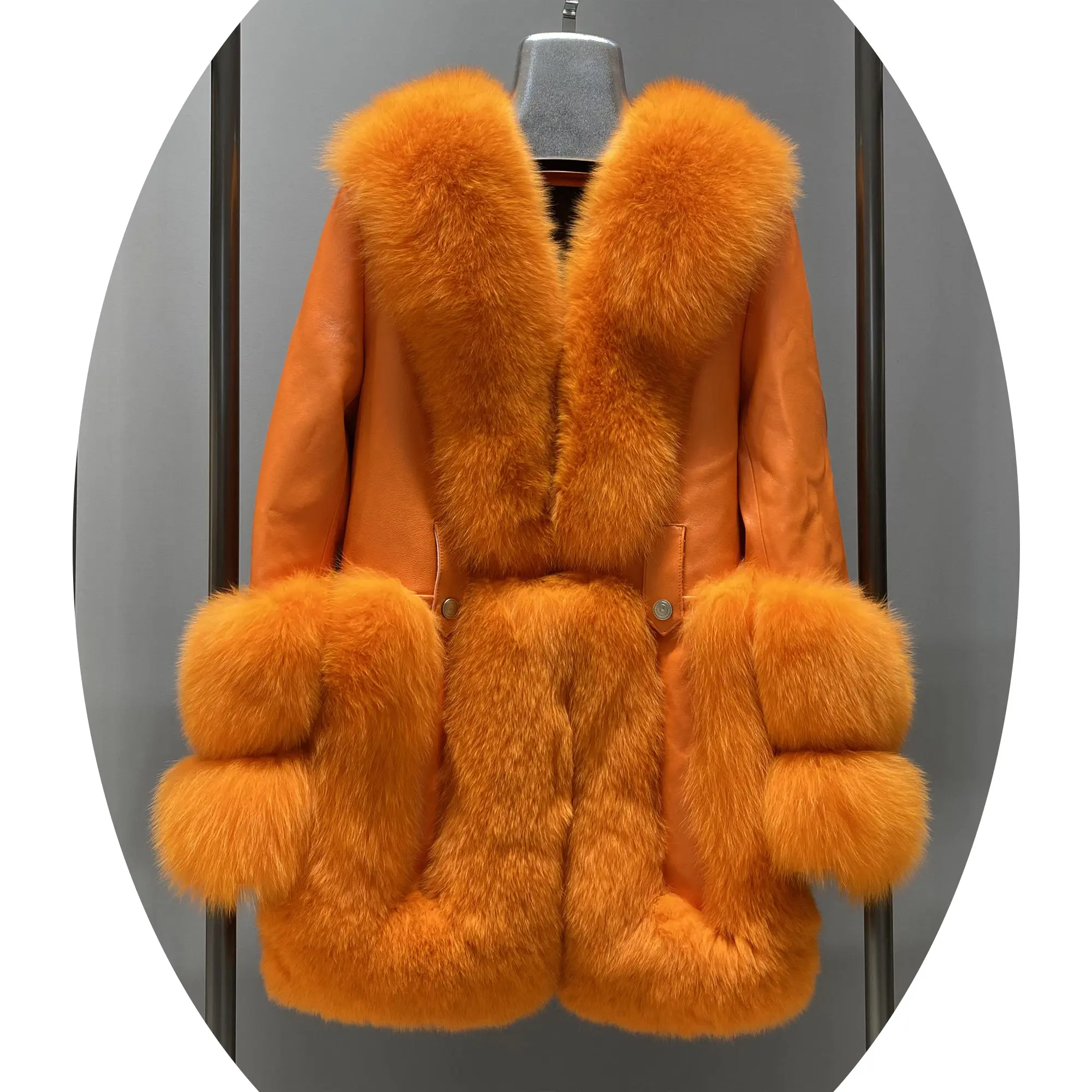 Janefur Good Price Luxury Women Orange Genuine Fox Fur Coat Ladies Winter Warm Real Sheep Leather Fur Coat