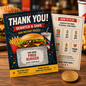 Custom Full Color Printing Thank You Scratch Off <b>Cards</b> Wholesale Fast Food Burger Restaurant Promotion Scratch Win Reward <b>Cards</b> - Product Image 6