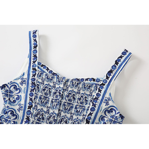 Robe longue à bretelles de style européen pour femmes, sexy, été, vintage, imprimé bleu et blanc en porcelaine, qualité supérieure - Product Image 4
