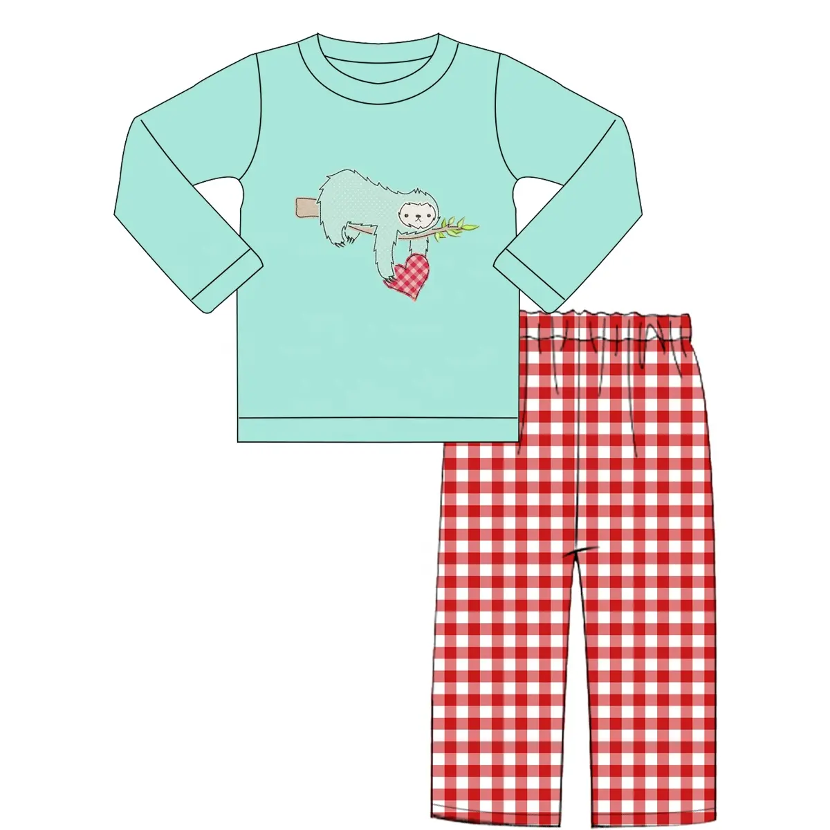 2022 custom monkey heart applique Valentine's boys 2 pieces sets knitted long-sleeved outfits gingham pants set boy boutique