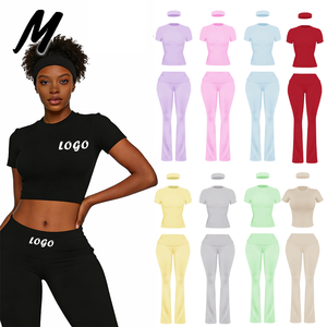 Set Due Pezzi da Donna con T-Shirt Ricamata con Logo Personalizzato <span class=keywords><strong>e</strong></span> Pantaloni a Zampa con Polsini, Outfit Sexy Slim Casual in Cotone per <span class=keywords><strong>Primavera</strong></span> ed Estate - Product Image 1