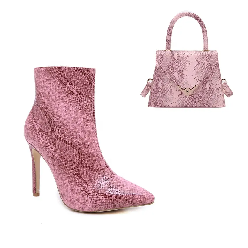 New Snake Skin Women Matching Shoe And Bag Set Hot Selling Pink Black High Heel Ankle Boots Party Purse Sexy Shoes Handbags Sets