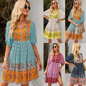 2023 Summer New Vintage Exotic Print short Dress Bohemian Beach Resort Beach Dress Large