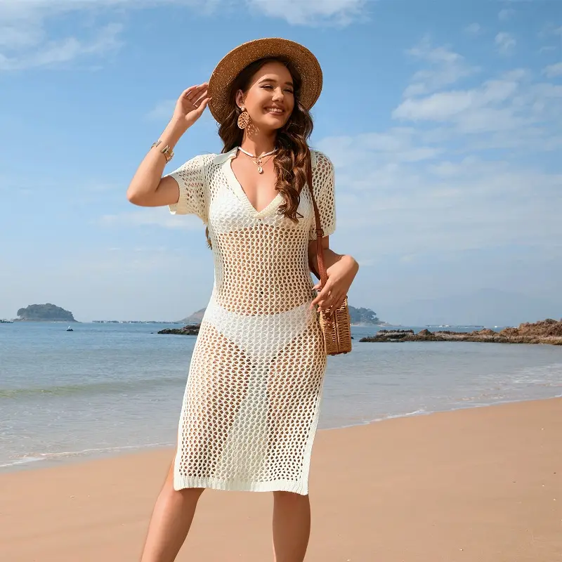 GIMILY Oem individuelles gestricktes Netz häkeln Strandkleid Urlaub Bikini Bademode Strandbekleidung Abdeckung sexy hohl langes Kleid für Damen