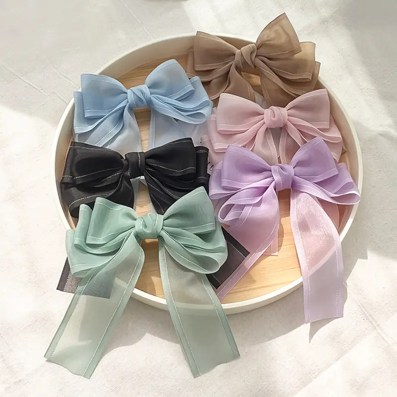 INS Hot Selling Light Weight Solid Color Gauze Bow Hair Barrette Young Girls Decorative Top Hairgrip Fashion Spring Clip