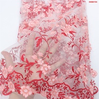 Tissu Textile Twin, Tissu de Broderie Style Ethnique, Tissu en Dentelle à Broderie Florale Dégradé Rouge & Rose pour Robe de Soirée