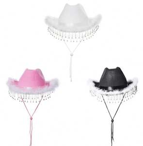 Decoración para fiesta <span class=keywords><strong>de</strong></span> boda, novia, sombrero <span class=keywords><strong>de</strong></span> vaquera blanco, sombrero <span class=keywords><strong>de</strong></span> vaquero con flecos <span class=keywords><strong>de</strong></span> diamantes <span class=keywords><strong>de</strong></span> imitación occidentales con borla <span class=keywords><strong>de</strong></span> diamantes <span class=keywords><strong>de</strong></span> imitación - Product Image 5