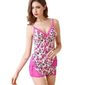 Women's Sexy Halter <strong>Shorts</strong> Suit Floral Print Deep V Lace Neck Pajamas Ice Silk <strong>Slip</strong> Nightwear Soft Suspender Nightgown Home Wear - Product Image 1