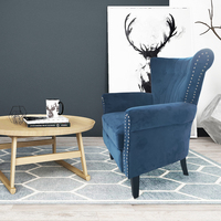 Hot-Sale Salon Wing Back Arm Chair Fauteuil confortable en velours bleu rembourré