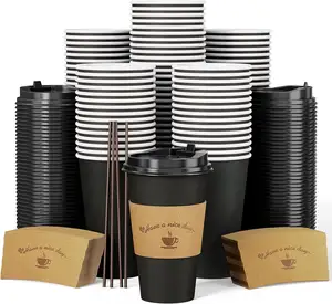 Taza de papel personalizada 8oz/12oz/16oz/20oz con revestimiento a base de agua taza de café de papel desechable con tapa y funda para té de bebidas frías y calientes