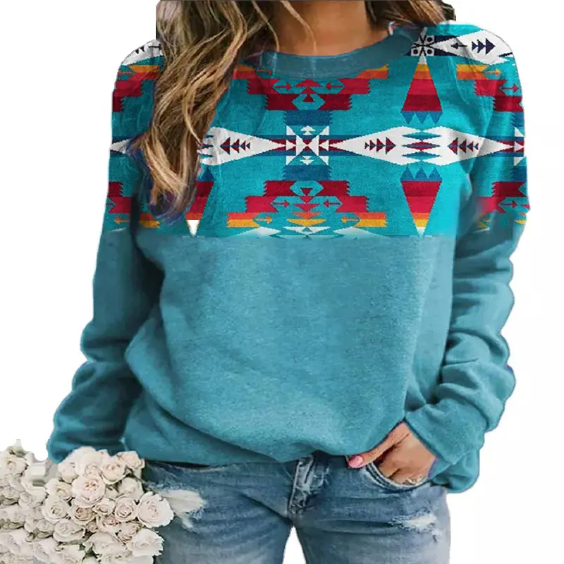 Women's Vintage Aztec Printed Tops Loose Casual Sweatshirts Long Sleeve Crewneck Stitching Geometry Print Pullover Hoodies Tops