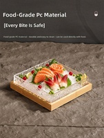 Assiette à sashimi carrée en acrylique personnalisée en gros, texture glacée, plateau individuel pour sushi avec base en bois