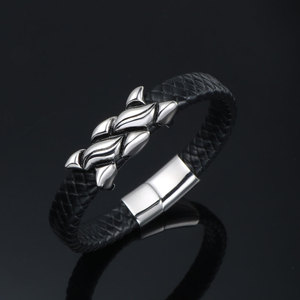 Stainless Steel Woven <b>Leather</b> <b>Bracelet</b> Men's Geometric Design CE539 Gift Jewelry - Product Image 2
