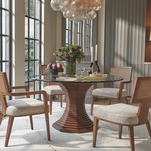 Table à manger ronde de style américain de luxe, piétement <span class=keywords><strong>en</strong></span> bois, plateau aspect pierre, chaises <span class=keywords><strong>en</strong></span> rotin pour salle à manger de villa - Product Image 4