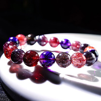 Bracelet extensible Premium en perles rondes de Quartz Rutile Titane Violet Profond Naturel, Rétrocollectible, Rare Super Seven