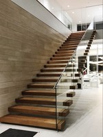 Escalier flottant moderne en bois et métal avec marches en bois apparentes pour appartement duplex, escaliers flottants préfabriqués en bois d'acacia