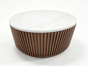 <span class=keywords><strong>Tavolino</strong></span> da Caffè Rotondo per Progetti Alberghieri, Piano in Pietra Bianca, Base in Legno a Doghe Verticali, Tavolo Centrale di Lusso per Soggiorno - Product Image 1