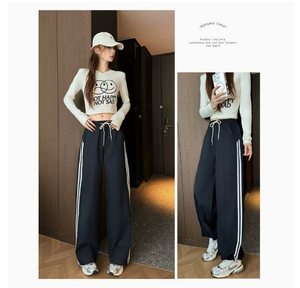 Pantalones casuales de mujer de cintura alta, pierna ancha, de poliéster tejido, anti-bolitas, con cordón, holgados y de largo completo - Product Image 4