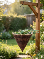 Panier à fleurs suspendu en ciment tressé conique, style américain, avec bord en corde, support métallique, doublure imperméable, pot de plante intérieur/extérieur