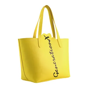 New Design Ladies Bright Yellow PU Shoulder Bag Big Capacity Handbag Tote Bag with Paint Edge