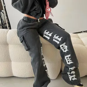 Özel boş düz Joggers yığılmış sweatpants erkekler baskı logosu İpli rahat bağbozumu alevlendi Sweatpants pantolon pantolon