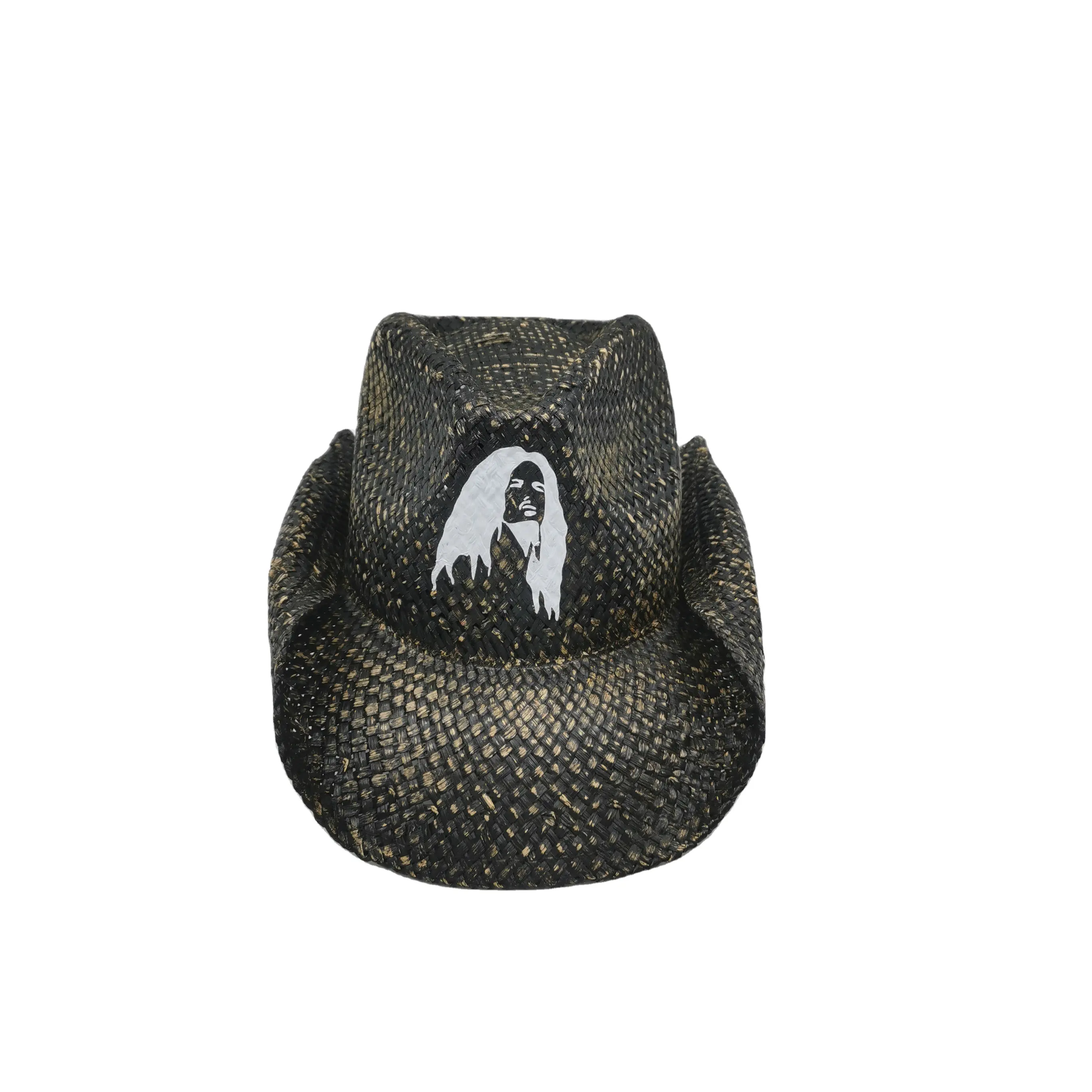 Alta calidad directo de fábrica mano personalizada moda cara impresión negro oro a juego borde rizado sombrero de vaquero occidental