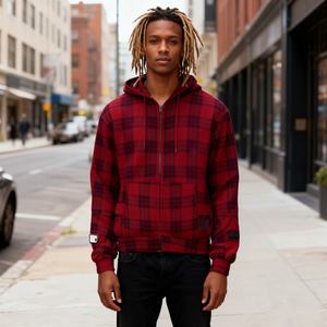 TKAN208D sérigraphie personnalisée pour hommes surdimensionné décontracté coton lourd délavé Plaid Streetwear avec poche à capuche - Product Image 1