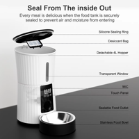 Distributeur automatique de nourriture pour animaux de compagnie intelligent et exquis, 4L, bol en acier inoxydable, écran tactile LED, distribution quantitative programmée, pour chat et chien