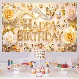 Telón de Fondo con Estampado de Flores de Mariposa y Perlas Doradas, Efecto 3D, <span class=keywords><strong>Banner</strong></span> de Fondo para Fiestas, Decoración de Cumpleaños para Niños y Bebés - Product Image 2