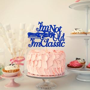 1 pièce de décoration de gâteau sur le thème des courses de voitures-Design de paillettes noires, bleues et dorées vibrantes avec <span class=keywords><strong>humour</strong></span> pas vieux je suis classique - Product Image 6