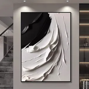 Grande peinture en noir et blanc personnalisée peinte à la main Art texturé Peinture murale Peinture à l'huile abstraite pour la décoration intérieure