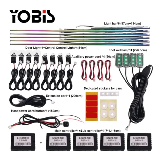 Yobis Car LED Interior Ambient Light Strip Light 18in1 64 Color RGB Symphony with Phone APP Control Flexible Atmosphere Lamp Kit