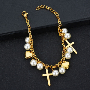 Corazón Cruz encanto pulsera perla chapado en <span class=keywords><strong>oro</strong></span> Acero inoxidable bautismo regalos para bebés niños niñas católico cristiano religioso - Product Image 3