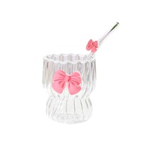 Gobelet en verre à rayures verticales avec nœud papillon, en verre borosilicate de haute qualité avec paille, réutilisable, pour la maison, élégant, pour café et lait