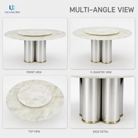 Table à manger ronde en pierre de cristal blanc Luca |   Plateau en pierre naturelle avec base en acier inoxydable Lazy Susan, taille personnalisée pour hôtel et villa, OEM