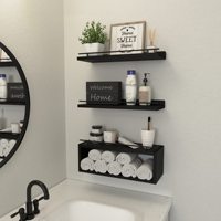 Juego de 3 Estantes Flotantes Negros para Pared con Toallero, Estantes de Almacenamiento Rústicos de Madera para Baño