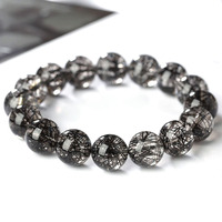 Bracelet extensible de luxe en perles rondes de quartz rutilé noir naturel de qualité collectionnable, bracelets rares en quartz cheveux noirs