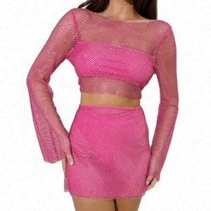 Yi OEM/ODM <strong>Hot</strong> Sale <strong>Pink</strong> See-Through Bling Conjunto Saia Skirt Sets 2 Piece Outfits with Short <strong>Tops</strong> Solid Pattern Women's Set - Product Image 2