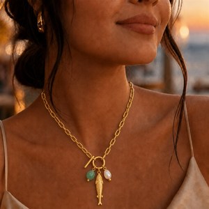 JUSNOVA Collar de Eslabones Gruesos de Acero Inoxidable con Baño de Oro PVD de 18K, Colgante de <span class=keywords><strong>Esqueleto</strong></span> de Pez y Piedra Rosa Perla, Venta al por Mayor y Suministro a Granel - Product Image 2