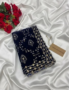Superbe Dupatta de Mariée en Velours Bleu avec Broderie Florale Zari Dorée Intégrale, Châle et Étole de Mariage Exquises - Product Image 5